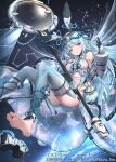  1girl animal_ears bangs black_gloves blue_hair blue_legwear breasts character_request commentary_request constellation copyright_name detached_leggings eyebrows_visible_through_hair feet floating_hair gloves grey_eyes highres light_particles long_hair mechanical_ears medium_breasts official_art parted_lips rabbit_ears see-through solar_panel soles solo space star_(sky) thrusters toes very_long_hair yue_ying_jin_feng z/x 