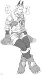  1boy abs alternate_costume animal_feet animal_hands bare_shoulders cosplay_request covered_nipples full_body fur-trimmed_legwear fur_trim greyscale looking_at_viewer male_focus monochrome navel pectoral_cleavage pectorals reiner_braun shingeki_no_kyojin short_hair sitting solo thick_thighs thighhighs thighs translation_request zyunya 