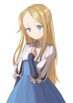  1girl absurdres blonde_hair blue_dress blue_eyes dress hand_up highres long_hair looking_at_viewer mary_(princess_principal) princess_principal princess_principal_crown_handler puffy_sleeves simple_background solo sougo_ekaki white_background 