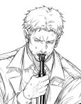  1boy anderain bangs closed_eyes greyscale gun gun_fellatio_(shingeki_no_kyojin) gun_in_mouth holding holding_gun holding_weapon male_focus marley_military_uniform monochrome official_style reiner_braun saliva scene_reference shingeki_no_kyojin short_hair solo suicide sweatdrop upper_body weapon 