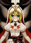  1girl absurdres alina_gray black_ribbon commentary_request dress empty_eyes expressionless eyebrows_behind_hair green_eyes green_hair highres holy_alina_(magia_record) hood jacy juliet_sleeves long_sleeves magia_record:_mahou_shoujo_madoka_magica_gaiden mahou_shoujo_madoka_magica paint puffy_sleeves ribbon solo upper_body white_dress 