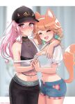  2girls animal_ear_fluff animal_ears bare_shoulders baseball_cap blouse blush braid cat_ears cat_girl cat_tail couple crop_top denim denim_shorts earrings fang feather_earrings feathers gradient_hair hair_through_headwear hat holding_hands hololive hololive_english jewelry kemonomimi_mode long_hair midriff mori_calliope multicolored_hair multiple_girls navel official_alternate_costume oida-sama_(artist) orange_hair pants pink_hair shorts tail takanashi_kiara track_pants twin_braids virtual_youtuber white_blouse yuri 