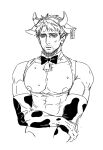  1boy alternate_costume anderain animal_ears animal_print bara bare_pectorals bare_shoulders bell bow bowtie bursting_pectorals covered_abs cow_boy cow_ears cow_horns cow_print cropped_torso elbow_gloves facial_hair gloves goatee greyscale horns large_pectorals male_focus monochrome neck_bell nipples pectorals reiner_braun shingeki_no_kyojin short_hair solo sweat white_background 