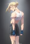  1girl annie_leonhardt back bangs black_shorts blonde_hair blue_eyes breasts cropped_shirt feet_out_of_frame gloves muscular muscular_female nene_(10575936) ponytail shingeki_no_kyojin short_hair shorts solo swept_bangs tank_top toned white_tank_top 