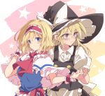  2girls alice_margatroid apron arm_up ascot bangs black_headwear black_vest blonde_hair blue_eyes blush bow closed_mouth dress earrings eyebrows_visible_through_hair frilled_hairband frills hair_between_eyes hairband hat highres holding_hands ichimura_kanata jewelry kirisame_marisa lolita_hairband long_hair looking_at_viewer looking_to_the_side multiple_girls red_ascot red_hairband short_hair short_sleeves sidelocks smile standing sweatdrop touhou upper_body vest white_apron witch_hat yellow_eyes 