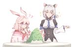  2girls ? ?? animal_ears bad_food bangs blue_necktie braid braided_ponytail cat_ears closed_eyes closed_mouth confused food fox_ears frown hair_between_eyes hand_on_own_chin higokumaru hn_(honyori_ta) honkai_(series) honkai_impact_3rd japanese_clothes kallen_kaslana kimono long_sleeves multiple_girls necktie pink_hair plate purple_eyes simple_background smile standing star_(symbol) table white_background white_hair white_kimono yae_sakura 