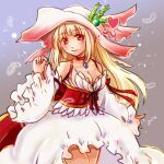  1girl bangs blonde_hair blush breasts choker cleavage closed_mouth commentary_request corset cowboy_shot detached_sleeves dress eyebrows_visible_through_hair feathers frilled_dress frilled_sleeves frills gem grey_background hat long_hair looking_at_viewer manoji medium_breasts official_alternate_costume pink_headwear ragnarok_online red_eyes sleeveless sleeveless_dress smile solo sun_hat wanderer_(ragnarok_online) white_dress white_sleeves wide_sleeves 