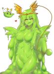  +_+ 1girl :3 blush breasts collarbone commentary_request dripping finger_to_mouth green_slime halo heart highres korean_commentary looking_at_viewer maplestory mastgg medium_breasts monster_girl navel no_nipples simple_background slime_girl smile solo wings 