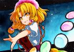  1girl :d bangs blonde_hair blue_background eyebrows_visible_through_hair gradient gradient_background hair_ornament looking_at_viewer medium_hair open_mouth puffy_short_sleeves puffy_sleeves qqqrinkappp rainbow_order shirt short_sleeves smile solo tamatsukuri_misumaru touhou traditional_media upper_body white_shirt yellow_eyes 