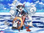  1girl 1other :3 animal arm_up bear binoculars bird black_gloves black_shirt black_shorts blue_eyes bunny character_name cloud cloudy_sky coat commentary crab crypton_future_media day fur-trimmed_coat fur-trimmed_hood fur-trimmed_sleeves fur_trim gloves hair_ribbon hat hatsune_miku heart heart_in_eye holding holding_binoculars hood hood_up ice_floe jacket leaning_forward lens_flare light_blue_hair long_hair looking_at_viewer multicolored_hair necktie ocean official_art one_eye_closed open_mouth outdoors penguin polar_bear rabbit_yukine red_hair red_legwear red_necktie red_ribbon ribbon sailor_hat seagull seal_(animal) ship&#039;s_wheel shirt shorts sky smile snowflake_print snowflakes standing striped striped_legwear symbol_in_eye thighhighs twintails v very_long_hair vocaloid wada_arco wavy_hair white_hair white_headwear white_jacket white_legwear winter yuki_miku 