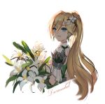  1girl :d bamboo_nima bangs bianka_durandal_ataegina bianka_durandal_ataegina_(bright_knight:_excelsis) blonde_hair blue_eyes bouquet character_name earrings flower hair_between_eyes hair_flower hair_ornament highres holding holding_bouquet honkai_(series) honkai_impact_3rd jewelry long_hair looking_at_viewer open_mouth ponytail simple_background smile solo white_background white_flower 