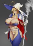  1girl alternate_costume artoria_pendragon_(fate) artoria_pendragon_(lancer)_(fate) blonde_hair breasts cleavage commentary english_commentary eu03 fate/grand_order fate_(series) green_eyes hair_between_eyes hat huge_breasts long_hair looking_at_viewer sidelocks staff thighs witch_hat 