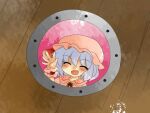  1girl blue_hair gem hammer_(sunset_beach) hat indoors mob_cap pink_headwear remilia_scarlet rocket rocket_ship round_window short_hair smile space_craft touhou waving window wood 