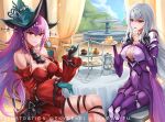 2girls aqua_gloves aqua_headwear arknights ascot bare_shoulders breasts chair cleavage cleavage_cutout clothing_cutout commission cosplay costume_switch covered_nipples crossed_legs cup detached_sleeves dress fate/grand_order fate_(series) food gloves holding holding_plate large_breasts long_hair multiple_girls namesake official_alternate_costume plate purple_dress purple_hair red_dress red_eyes scathach_(fate) scathach_skadi_(fate) scathach_skadi_(fate)_(cosplay) short_dress silver_hair sitting skadi_(arknights) skadi_the_corrupting_heart_(arknights) skadi_the_corrupting_heart_(arknights)_(cosplay) skyde_kei smile sweets table tea tea_party teacup teapot thigh_strap tiara twitter_username 