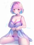  1girl bandouruka blue_hair bra breasts cameltoe cleavage earrings highres idolmaster idolmaster_cinderella_girls jewelry large_breasts lingerie multicolored_hair navel nightgown nightgown_lift panties pink_hair seiza short_hair sitting underwear white_background yumemi_riamu 