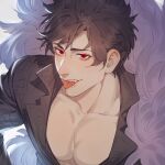  1boy :p anderain belial_(granblue_fantasy) black_hair black_shirt collarbone collared_jacket fang feather_boa granblue_fantasy highres leaning_forward looking_at_viewer male_focus muscular muscular_male no_shirt pectoral_cleavage pectorals red_eyes shirt short_hair simple_background solo tongue tongue_out 