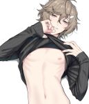  1boy bangs black_jacket brown_hair clothes_lift hair_ornament hairclip jacket kanae_(nijisanji) long_sleeves looking_at_viewer male_focus mole mole_under_eye navel nijisanji nipple_piercing nipples piercing seductive_smile self_exposure shirt_lift simple_background smile solo sparkle toned toned_male virtual_youtuber waniguchi white_background 