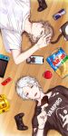  2boys bangs black_shirt blue_eyes brown_hair cellphone controller ear_piercing eyebrows_visible_through_hair food hair_between_eyes hair_ornament highres ice_cream jacket joystick kanae_(nijisanji) kuzuha_(nijisanji) long_hair looking_at_viewer male_focus mole mole_under_eye multiple_boys nijisanji nintendo_switch open_mouth phone piercing red_eyes shirt smartphone snack t-shirt teeth virtual_youtuber waniguchi white_hair white_shirt wooden_floor 