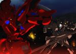  fighting fire forest from_behind glowing hiwa_industry holding holding_sword holding_weapon mecha muvluv muvluv_alternative nature no_humans science_fiction sword tactical_surface_fighter takemikazuchi_(muvluv) type_94_shiranui visor weapon 