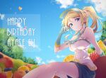  1girl ayase_eli bangs birthday blonde_hair blue_eyes blue_neckwear breasts character_name cloud cloudy_sky commentary_request dated elbow_gloves english_text eyebrows_visible_through_hair food fruit gloves grapes happy_birthday large_breasts long_hair looking_at_viewer love_live! love_live!_school_idol_project morugen orange_(fruit) polka_dot_neckwear ponytail scrunchie shirt short_shorts shorts sidelocks sitting sky solo strapless strapless_shirt strawberry visor_cap white_scrunchie 