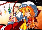 1girl apple ascot bangs blonde_hair collared_shirt crystal eyebrows_visible_through_hair fang flandre_scarlet food frilled_ascot frills fruit hair_between_eyes hat holding holding_food holding_fruit looking_at_viewer mob_cap multicolored_eyes one_side_up open_mouth pointy_ears puffy_short_sleeves puffy_sleeves qqqrinkappp rainbow_order red_apple red_vest shirt short_sleeves skin_fang solo sweatdrop touhou traditional_media vest white_headwear white_shirt wings wrist_cuffs yellow_ascot yellow_eyes 