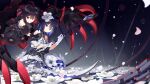  2girls absurdres bangs bare_shoulders black_dress black_gloves blue_eyes blue_hair chain claws closed_mouth commentary_request disembodied_limb dress dual_persona flower gloves hair_flower hair_ornament highres holding holding_weapon honkai_(series) honkai_impact_3rd looking_at_viewer makadamixa multiple_girls petals red_eyes red_hair scythe seele_(alter_ego) seele_vollerei seele_vollerei_(stygian_nymph) short_hair short_sleeves weapon white_dress white_flower white_gloves 