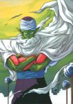  1boy absurdres billowing_cape cape closed_mouth colored_skin cowboy_shot crossed_arms day dragon_ball dragon_ball_z feet_out_of_frame green_skin highres looking_at_viewer male_focus namek namekian official_art outdoors piccolo pointy_ears scan serious solo torn_cape torn_clothes turban white_cape 