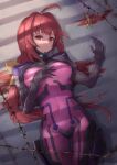  1girl ahoge bangs barbed_wire black_gloves blood bodysuit bow breasts commentary covered_navel fortified_suit gloves hair_bow highres ito_t20a kagami_sumika long_hair looking_at_viewer medium_breasts muvluv muvluv_alternative open_hand pilot_suit pink_bodysuit ponytail red_eyes red_hair skin_tight solo yellow_bow 