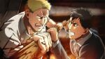  2boys bertolt_hoover black_hair blonde_hair blood blood_splatter brown_eyes casual collared_shirt dark-skinned_male dark_skin foreshortening frown incoming_attack male_focus motion_blur multiple_boys official_alternate_costume official_style reiner_braun shingeki_no_kyojin shirt short_hair sweat white_shirt zyunya 