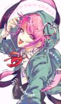  0721786 1boy amemura_ramuda black_pants blue_eyes candy coat collared_shirt dated english_commentary food green_coat happy_birthday highres holding holding_candy holding_food holding_lollipop hood hypnosis_mic lollipop male_focus medium_hair multicolored_eyes pants parted_lips pink_eyes pink_hair purple_eyes red_neckwear shirt smile smug solo tongue tongue_out white_shirt 