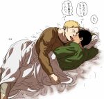  2boys bertolt_hoover black_hair blonde_hair blush borrowed_garments casual couple dark-skinned_male dark_skin from_above green_shirt imminent_kiss licking licking_another&#039;s_face licking_nose lying male_focus multiple_boys on_bed on_side reiner_braun shingeki_no_kyojin shirt short_hair toned toned_male translation_request zyunya 