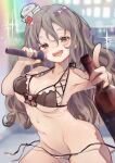  1girl alcohol bangs bikini black_bikini blush bottle breasts brown_eyes commission drooling grey_hair hair_between_eyes hat highres holding holding_bottle holding_microphone kantai_collection karaoke large_breasts long_hair looking_at_viewer microphone mini_hat pola_(kancolle) ruohire9 saliva side-tie_bikini skeb_commission solo sparkle sweat swimsuit untied untied_bikini very_long_hair white_headwear 