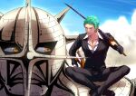  2boys black_pants black_suit crossed_legs eilinna giant giant_male green_hair katana male_focus multiple_boys official_alternate_costume one_piece over_shoulder pants partially_unbuttoned pectoral_cleavage pectorals pica roronoa_zoro scar scar_across_eye short_hair sideburns smirk sword sword_over_shoulder toned toned_male weapon weapon_over_shoulder 