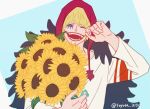  1boy alternate_costume blonde_hair bouquet casual commentary_request donquixote_rocinante flat_color flower holding holding_bouquet hood makeup male_focus one_piece short_hair smile solo sunflower toyoura_(23066494) upper_body 