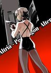  1girl artoria_pendragon_(alter_swimsuit_rider)_(fate) artoria_pendragon_(fate) bow bracelet building character_name city commentary_request earrings eilinna fate/grand_order fate_(series) from_behind gun hair_bow hair_bun handgun highres holding holding_gun holding_weapon jewelry looking_back pistol platinum_blonde_hair see-through_pants shoulder_blades skyscraper solo trigger_discipline weapon yellow_eyes 