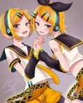  156_hitogoro 1boy 1girl androgynous arm_tattoo bangs bare_shoulders blonde_hair bow brother_and_sister commentary detached_sleeves green_eyes hair_bow hair_ornament hairclip headphones headset highres holding_hands interlocked_fingers kagamine_len kagamine_len_(if) kagamine_rin kagamine_rin_(if) leg_warmers looking_at_viewer midriff midriff_peek neckerchief necktie neon_trim number_tattoo sailor_collar shirt short_sleeves shorts shoulder_tattoo siblings sleeveless sleeveless_shirt swept_bangs tattoo twins vocaloid yellow_nails yellow_neckerchief yellow_necktie yellow_shorts 