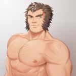  1boy abs arbbun bara character_request chest_hair commentary_request completely_nude copyright_request facial_hair goatee highres large_pectorals long_sideburns male_focus mature_male muscular muscular_male nipples nude pectorals short_hair sideburns smile solo stubble thick_eyebrows upper_body 