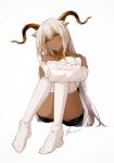  16400526 1girl animal_ears arknights beeswax_(arknights) beeswax_(weisser_sand)_(arknights) black_shorts cardigan closed_mouth commentary crossed_arms curled_horns dark-skinned_female dark_skin dated expressionless eyebrows_visible_through_hair full_body goat_ears goat_girl goat_horns hair_between_eyes head_tilt highres horns long_hair looking_at_viewer off_shoulder official_alternate_costume short_shorts shorts signature silver_hair simple_background sitting solo symbol-only_commentary thighhighs thighs white_background white_cardigan white_legwear yellow_eyes 