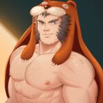  1boy abs animal_hood arbbun bara bare_pectorals character_request chest_hair commentary_request copyright_request facial_hair goatee highres hood large_pectorals long_sideburns male_focus mature_male muscular muscular_male nipples pectorals short_hair sideburns smile solo stubble thick_eyebrows upper_body 