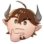  1boy ahoge arbbun barawa brown_hair draph emoji eyebrows_visible_through_hair face granblue_fantasy hand_on_own_chin horns male_focus pointy_ears solo thick_eyebrows thinking_emoji white_background 