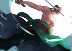  1boy abs bandana bara clothes_down eilinna feet_out_of_frame green_hair green_kimono holding holding_sword holding_weapon japanese_clothes katana kimono large_pectorals male_focus moon moonlight mouth_hold muscular muscular_male nipples one_piece pectorals roronoa_zoro scar scar_across_eye scar_on_chest short_hair solo stomach sword topless_male triple_wielding weapon 