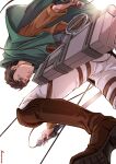  1boy bertolt_hoover black_hair boots capelet cropped_jacket dark-skinned_male dark_skin foreshortening from_behind from_below green_capelet jacket leather leather_boots leather_jacket looking_at_viewer male_focus maru_mary pants paradis_military_uniform shingeki_no_kyojin short_hair solo three-dimensional_maneuver_gear white_pants 