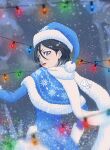  1girl absurdres bleach blue_dress blue_eyes blue_headwear blurry capelet commentary_request doubleragnarok dress eyeliner from_behind hair_between_eyes hat highres kuchiki_rukia looking_back makeup open_mouth santa_dress santa_hat scarf signature smile snow solo upper_body white_scarf 