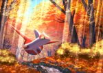  absurdres autumn_leaves closed_mouth commentary_request day forest full_body hatoro_kuroyoshi highres latias light_rays looking_to_the_side nature no_humans one-hour_drawing_challenge outdoors pokemon pokemon_(creature) sky smile solo stream tree water yellow_eyes 