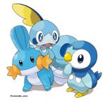  blue_eyes bright_pupils brown_eyes closed_mouth commentary_request highres mudkip no_humans open_mouth piplup pokemon pokemon_(creature) rorosuke smile sobble tongue twitter_username white_background white_pupils 