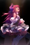  1girl asymmetrical_horns bangs bare_shoulders black_dress blue_eyes blush breasts character_name curled_horns dragon_girl dragon_horns dragon_tail dress echo_(circa) elizabeth_bathory_(fate) elizabeth_bathory_(fate/extra_ccc) fate/extra fate/extra_ccc fate_(series) hair_ribbon horns layered_skirt long_hair looking_up open_mouth pink_hair plaid plaid_skirt pointy_ears ribbon skirt small_breasts solo tail thighs two_side_up white_skirt 