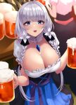  2girls alcohol alternate_costume apron azur_lane barmaid beer beer_mug blouse blue_apron breasts cleavage collar cup dirndl eyebrows_visible_through_hair german_clothes hair_between_eyes hair_ribbon highres holding holding_cup huge_breasts illustrious_(azur_lane) jewelry large_breasts looking_at_viewer mole mole_under_eye mug multiple_girls necklace oktoberfest open_mouth puffy_short_sleeves puffy_sleeves ribbon short_sleeves skirt smile traditional_clothes tress_ribbon tri_tails underbust wee_(weeyy) white_hair 