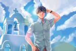  1boy bell black_wristband blue_sky building cloud cross dated dumplinginthebox eyewear_on_head fate/grand_order fate_(series) hand_up heroic_spirit_tour_outfit male_focus saitou_hajime_(fate) short_sleeves sky solo standing sunglasses sunlight thumb_in_pocket 