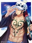  1boy abs adjusting_clothes adjusting_headwear bare_pectorals black_hair chest_tattoo commentary_request denim earrings facial_hair goatee hand_tattoo jaguar_print jeans jewelry long_sideburns looking_to_the_side male_focus navel no_nipples one_piece over_shoulder pants pectorals short_hair sideburns solo sword sword_over_shoulder tattoo toned toned_male toyoura_(23066494) trafalgar_law upper_body weapon weapon_over_shoulder 