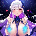  1girl ;o bangs bare_shoulders blue_fire blush body_markings bracelet breasts colored_inner_hair commentary_request earrings eyebrows_visible_through_hair fate/grand_order fate_(series) finger_heart fire flower hair_between_eyes hair_flower hair_ornament hair_ribbon hands_up heart highres jewelry kama_(fate) kama_(swimsuit_avenger)_(fate) large_breasts long_hair looking_at_viewer lotus multicolored_hair one_eye_closed parted_lips purple_hair red_eyes revealing_clothes ribbon silver_hair solo sparkle star_(symbol) star_earrings twitter_username two-tone_hair upper_body v-shaped_eyebrows yayoi_maka 